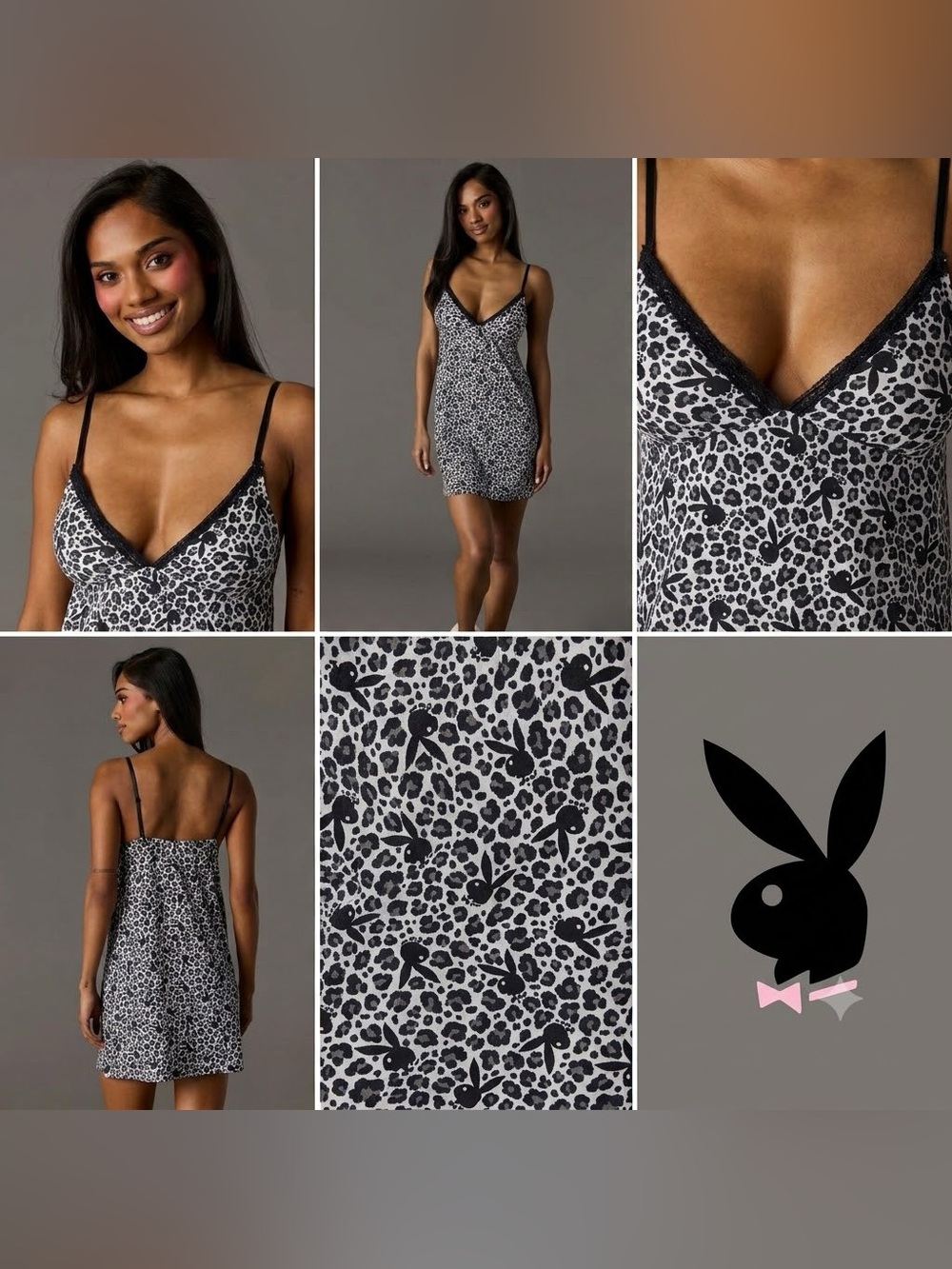 PLAYBOY Black & White Leopard-Print Chemise with Lace Trim